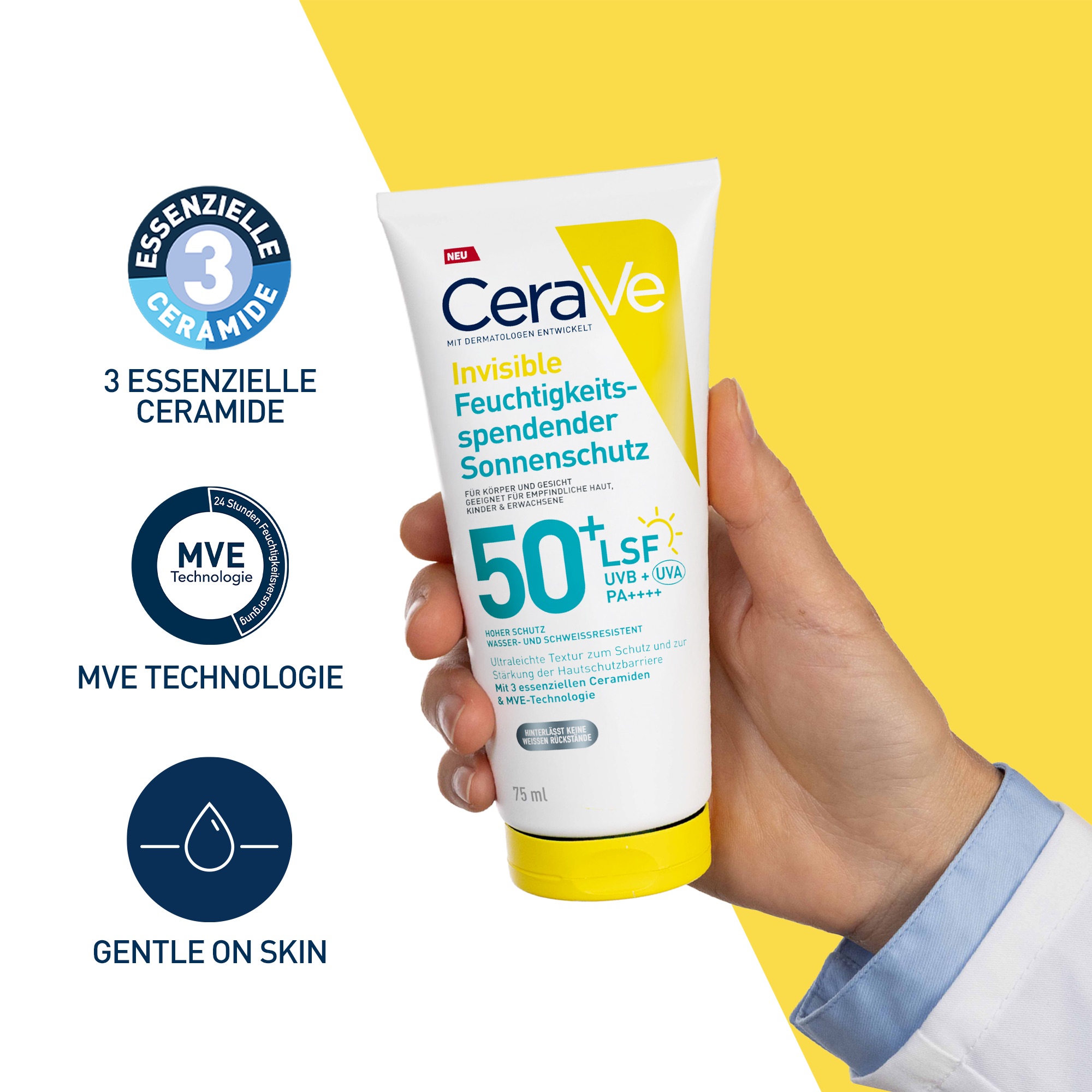 CeraVe Invisible Sonnenschutz LSF 50+ Tube. Text: MVE Technologie, sanft zur Haut.